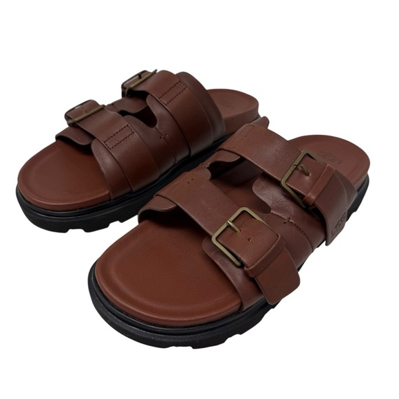 UGG Capitola Buckle Men’s Size 9 Slides Brown Full-Grain Leather Sandals  New